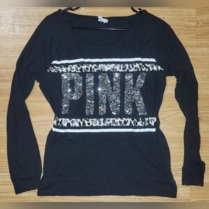 Victoria's Secret PINK Black Bling Leopard Print Long Sleeve Size M (runs big)